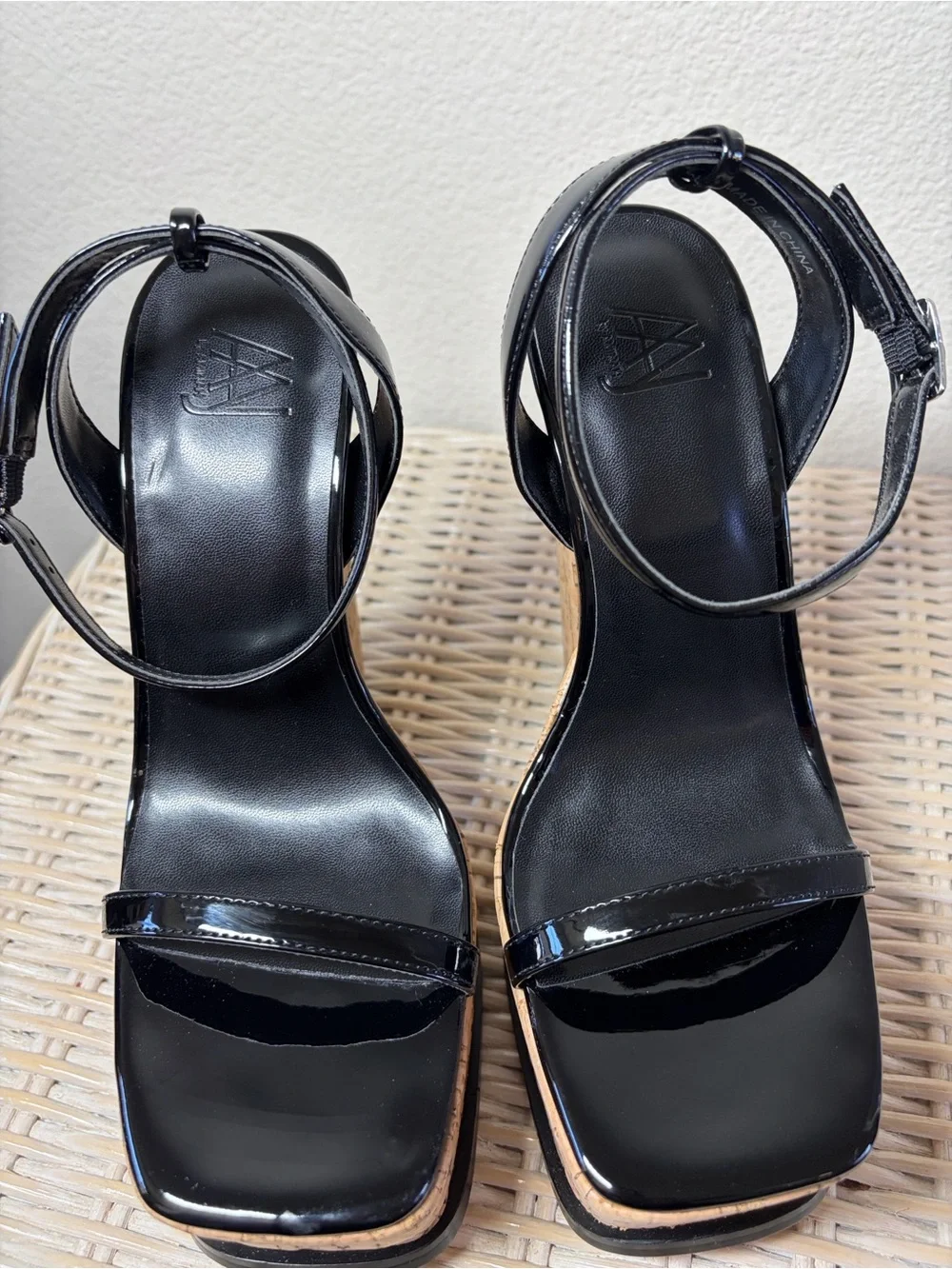 Black Patent Cork Platform Sandals with Ankle Strap